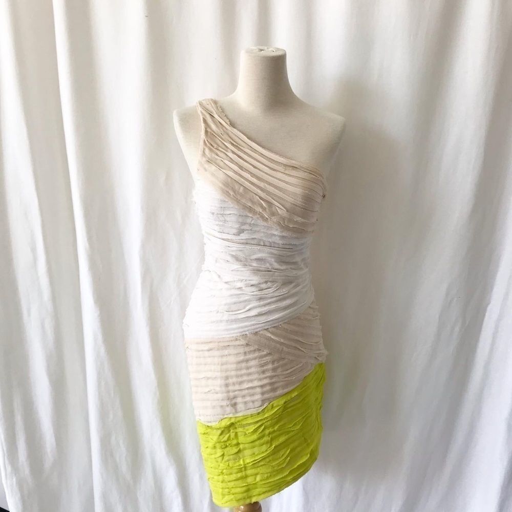 Bebe Y2K Ruched Lime Ombre One Shoulder Bodycon Party Prom Wedding Dress Small - Picture 2 of 10